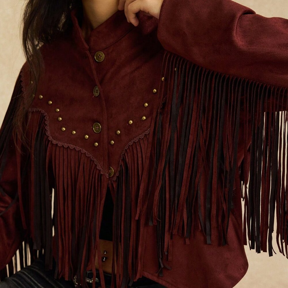 Coffee Brown Casual Women's Nomadic Tassel Decorated Jacket - Picture 7 of 7
